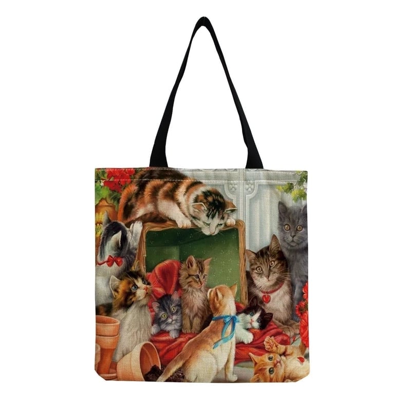 Women's Medium Canvas Cat Vintage Style Streetwear Square Open Canvas Bag