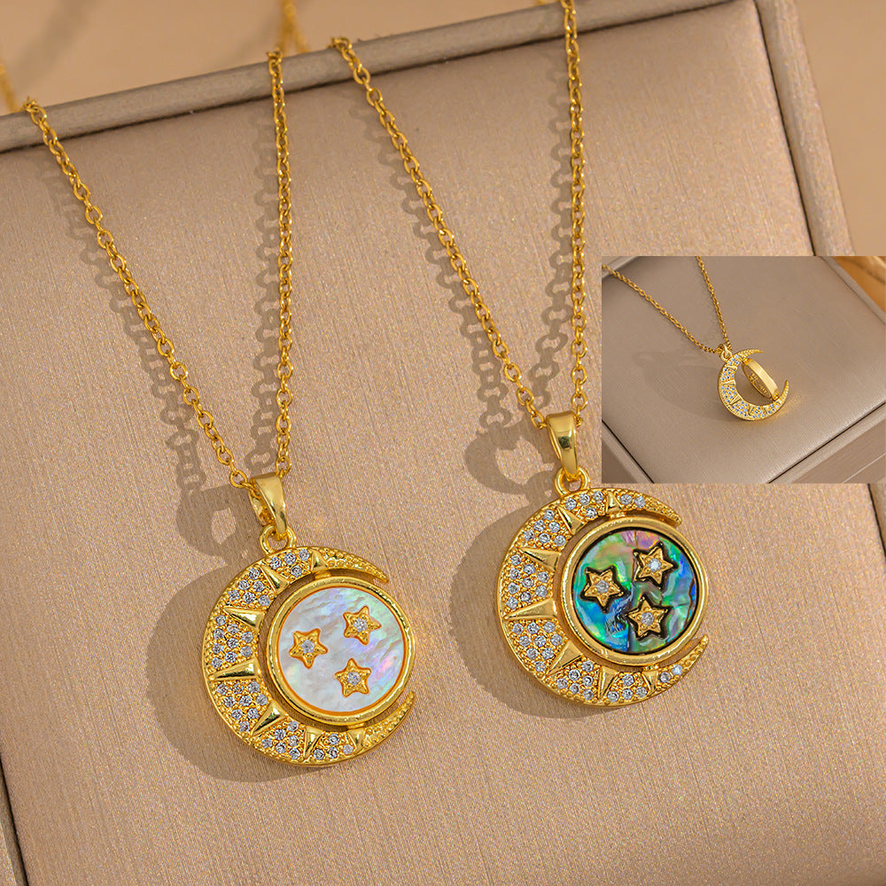 Ins Style 18K Gold Stainless Steel Necklace Retro Natural Stone Pendant Necklace Zircon Necklace Female
