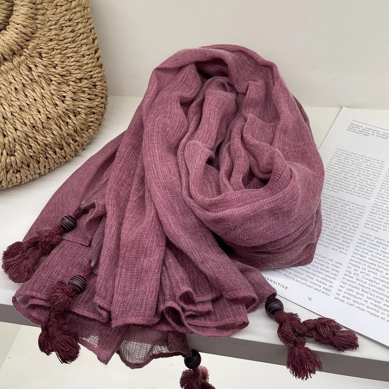 New High-end Ethnic Linen Wooden Beads Hanging Shawl Sunscreen Artistic Cotton And Linen Scarf Women