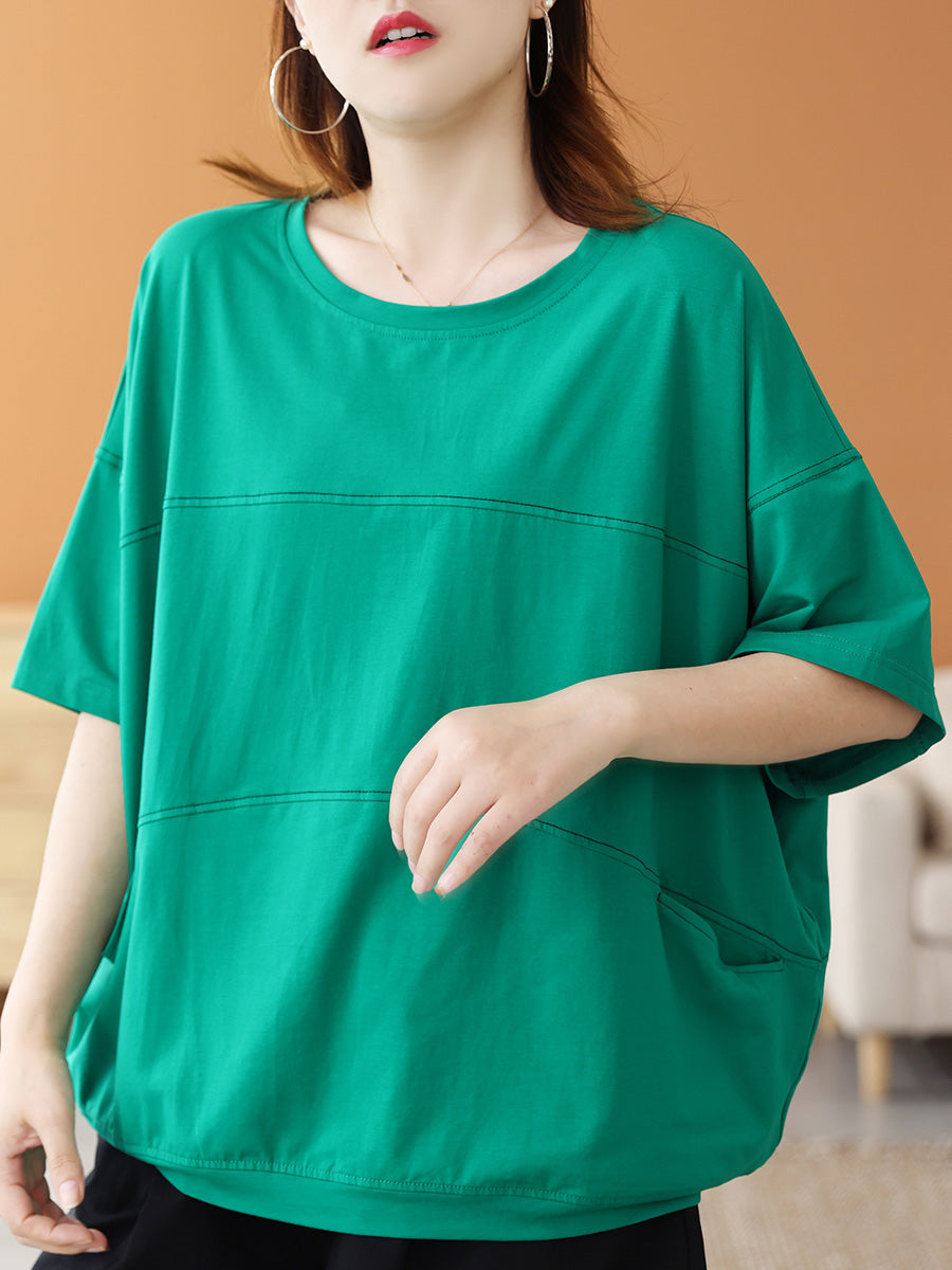 Women Summer Casual Cotton Pure Color Spliced O-Neck Shirt