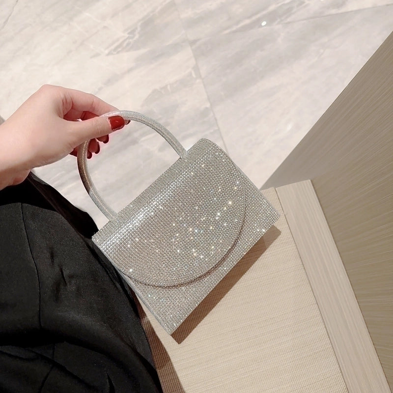 Gold Silver Black Polyester Solid Color Rhinestone Square Evening Bags