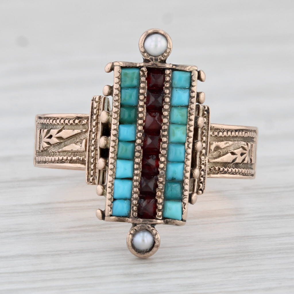 Victorian Turquoise Garnet Pearl Ring 9k Yellow Gold Size 6.25 Antique