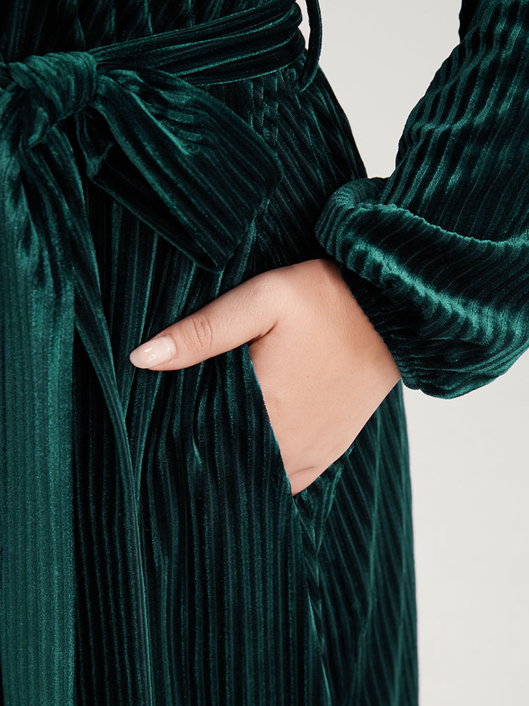 Striped Velvet Pocket Lantern Sleeve Belted Wrap Dress