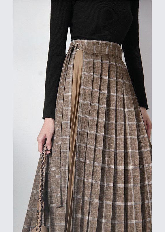 Vintage Brown Asymmetrical Patchwork tie waist skirts Spring