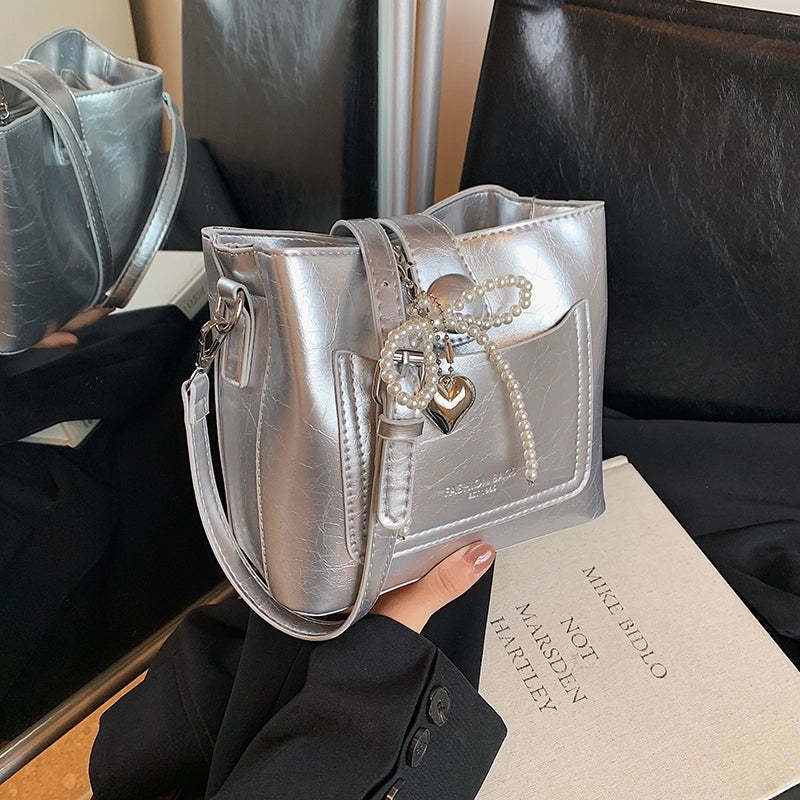 Women's Pu Leather Solid Color Bow Knot Streetwear Square Zipper Shoulder Bag Crossbody Bag
