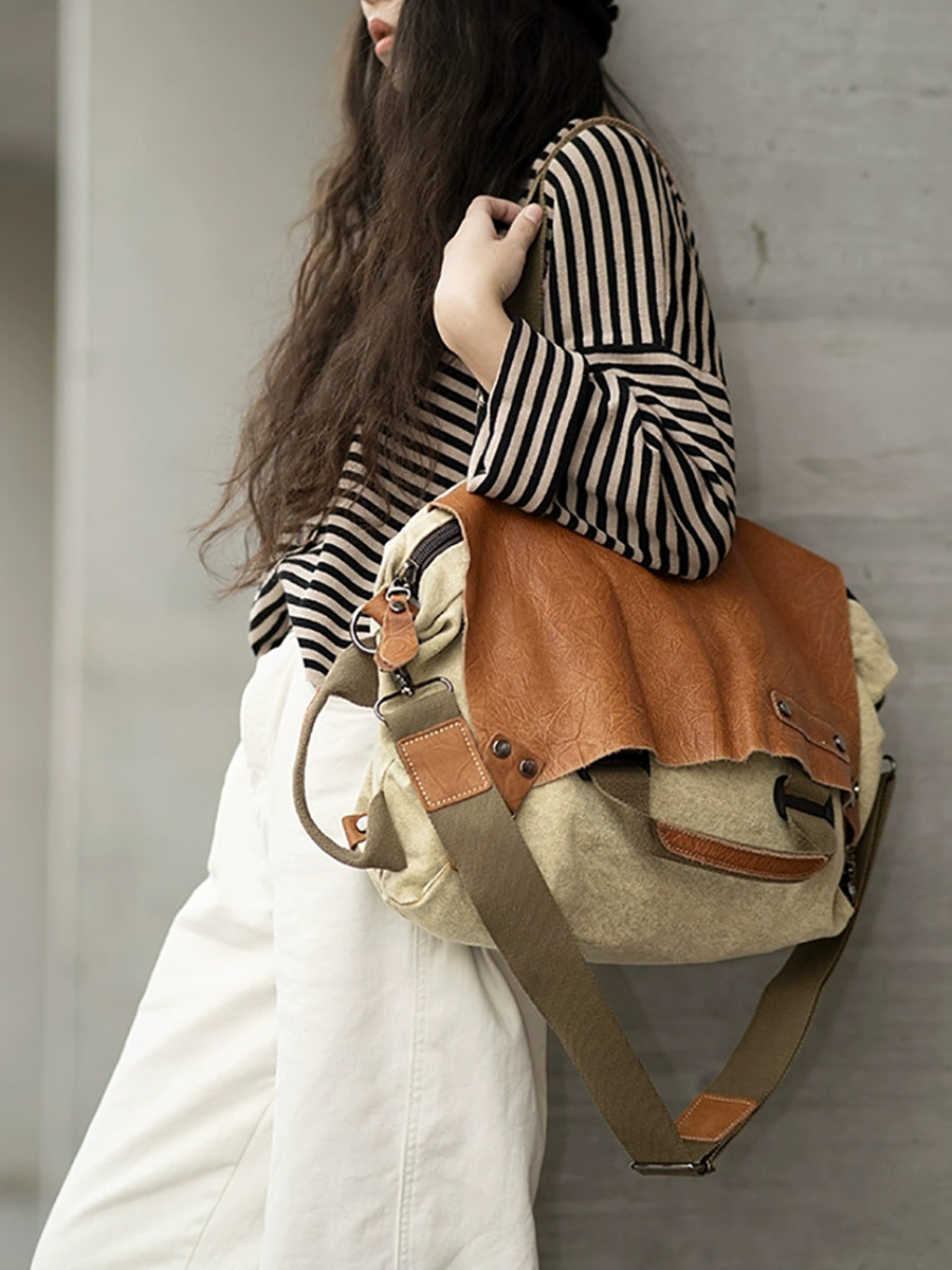 Women Vintage Genuine Leather Colorblock Crossbody Bag
