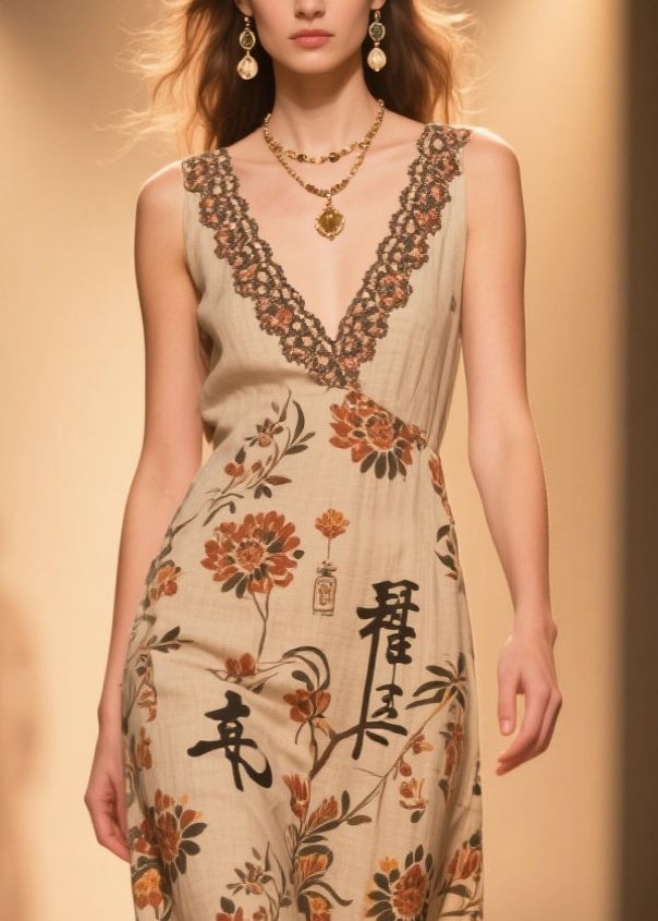 Handmade Coffee V Neck Print Cotton Straight Dress Sleeveless