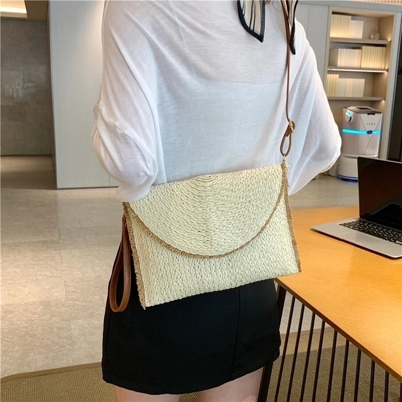 Women's Paper String Solid Color Vacation Square Magnetic Buckle Straw Bag