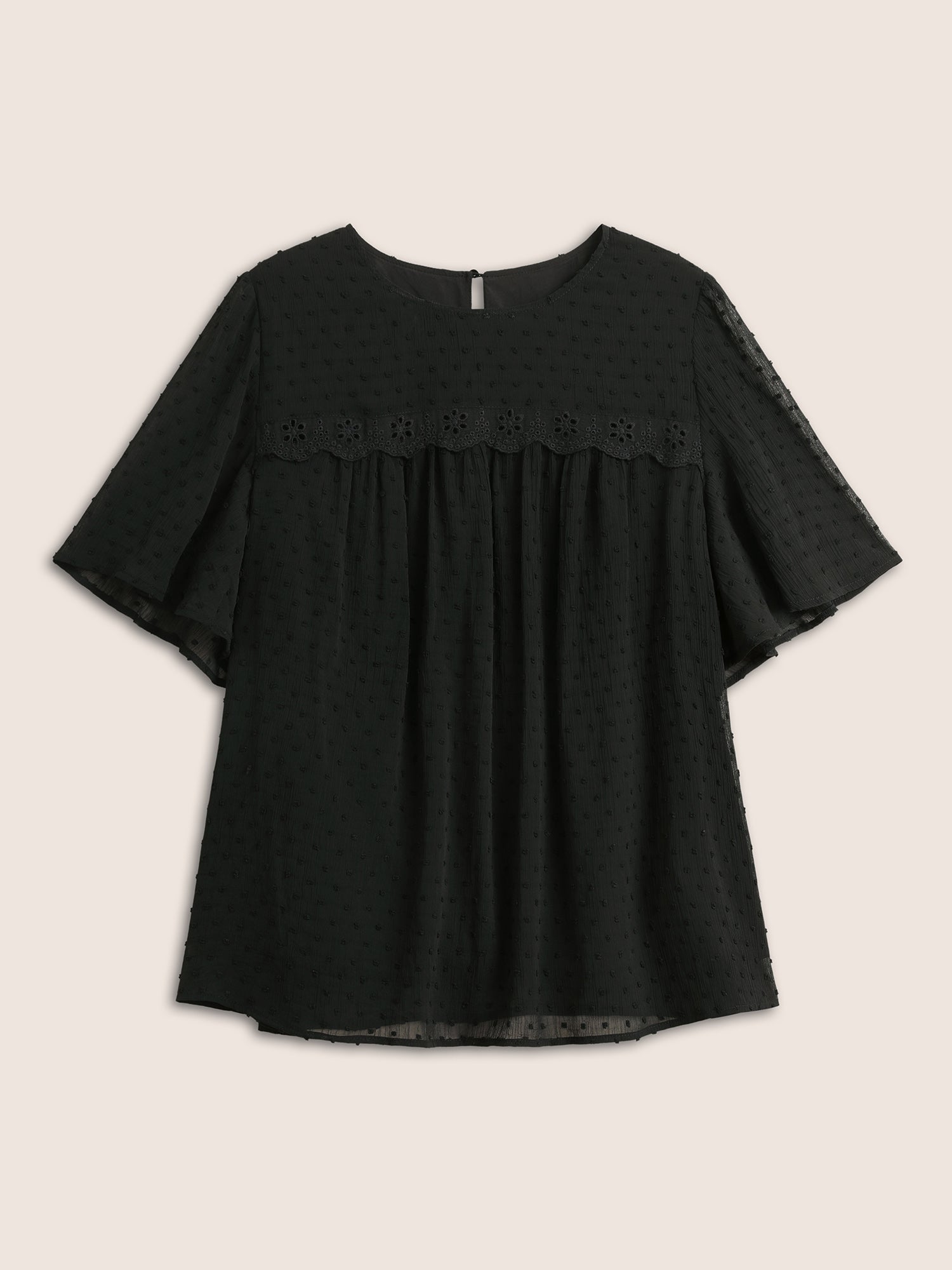 Solid Texture Lace Trim See Through Gathered Blouse