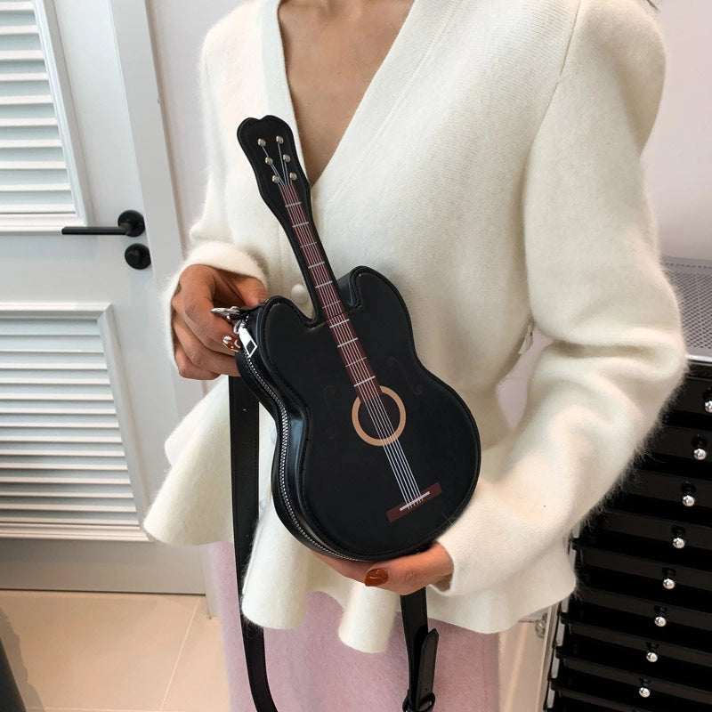 Women's Small Pu Leather Guitar Streetwear Oval Zipper Shoulder Bag