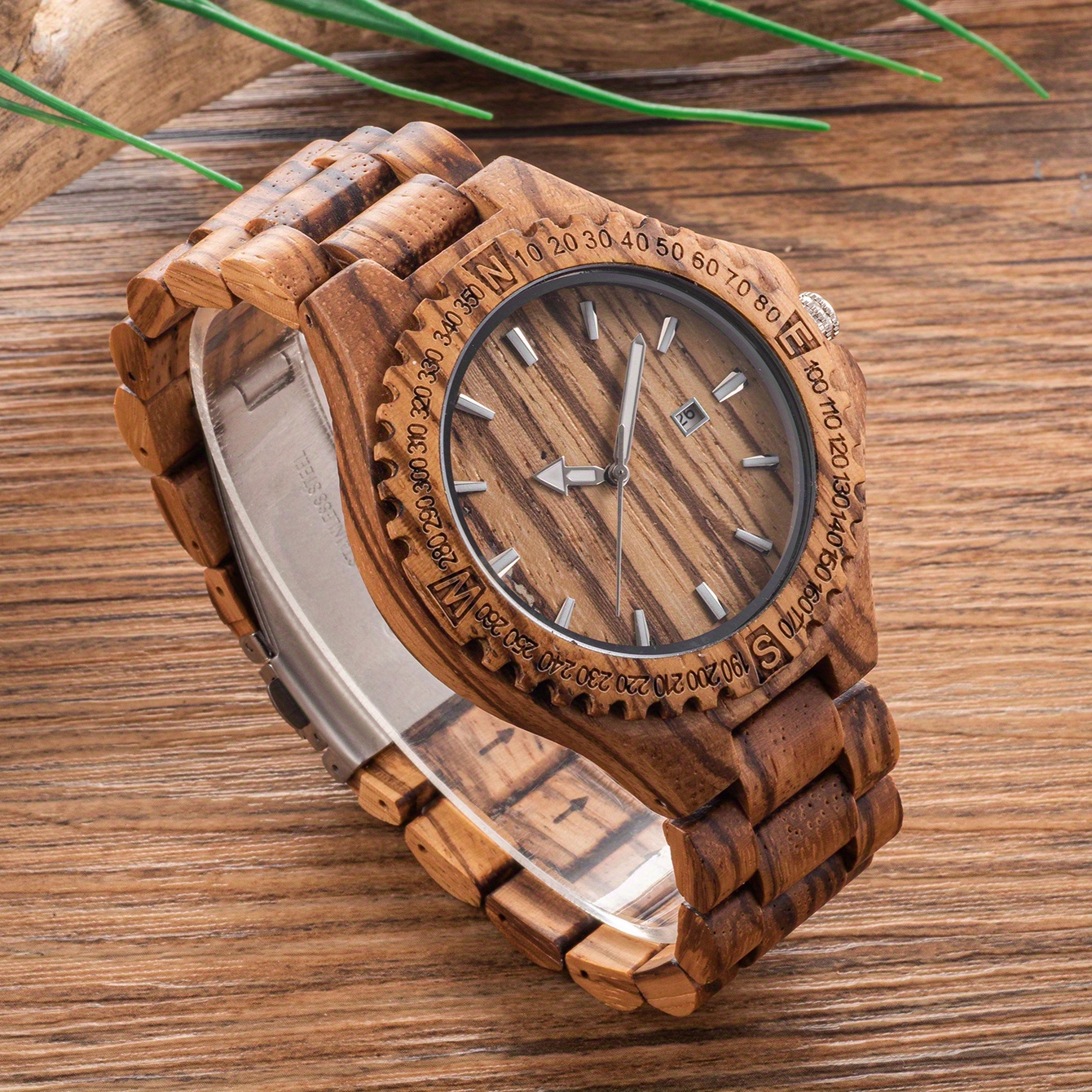Natural Zebra Mens Quartz Calendar Wood Watch