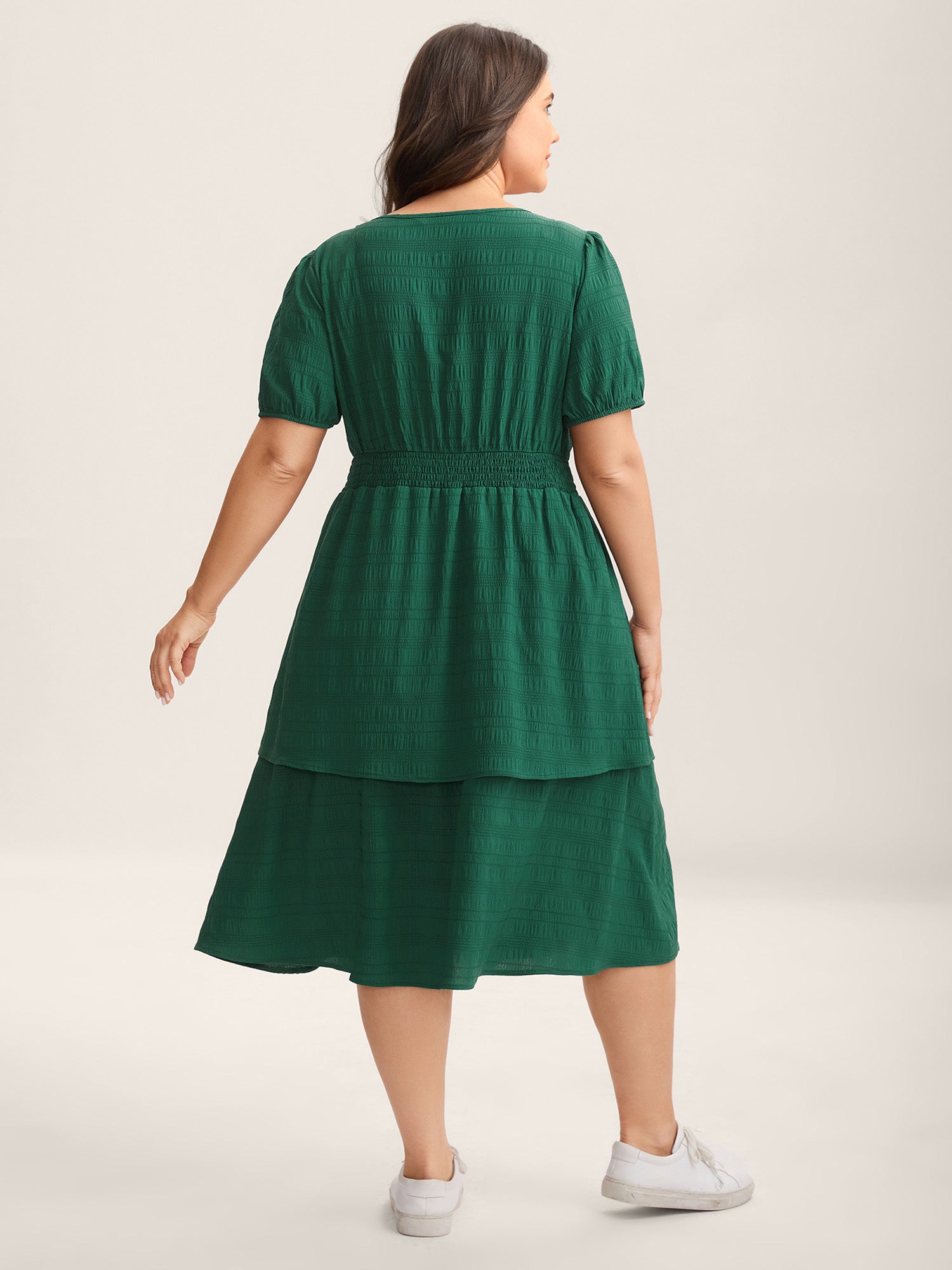 Neck Tie Textured Layered Hem Midi Dress