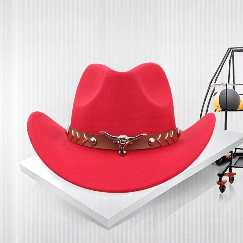 Autumn And Winter Woolen Denim Jazz Felt Hat For Men And Women Cow Head Mark Curled Top Hat Tibetan Sunshade Sunscreen Hat