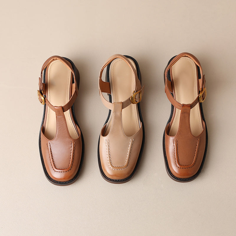 Handmade Leather Square Toe Closed-Toe T-Strap Slingback Sandals for Summer in Beige Apricot/Coconut Brown