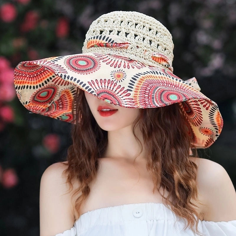 Women's Minimalist Color Block Printing Big Eaves Sun Hat