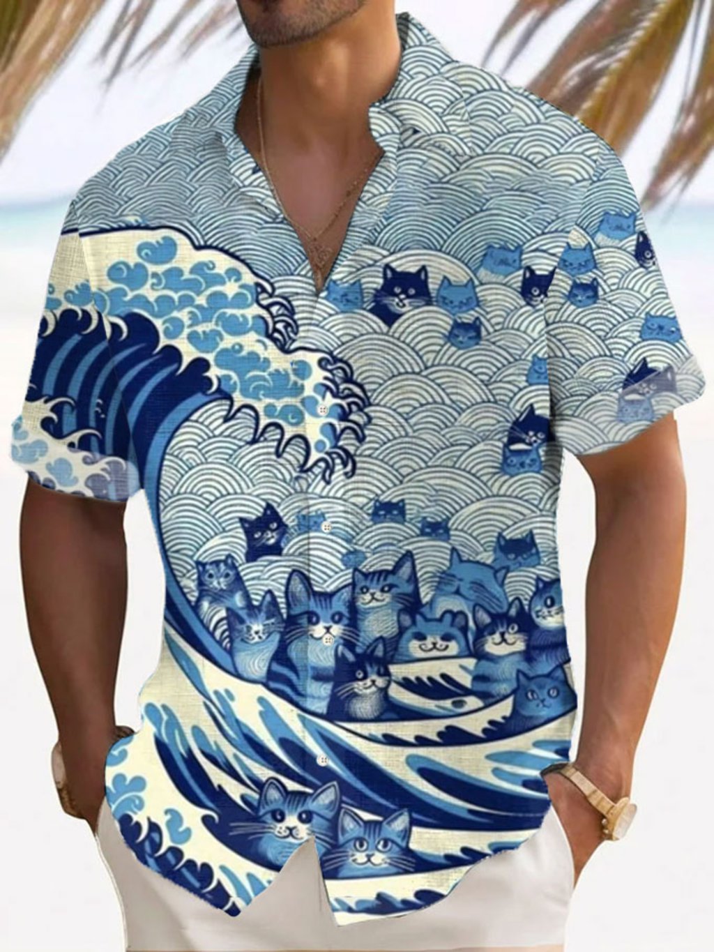 Men's Blue Waves&Cats Print Shirt