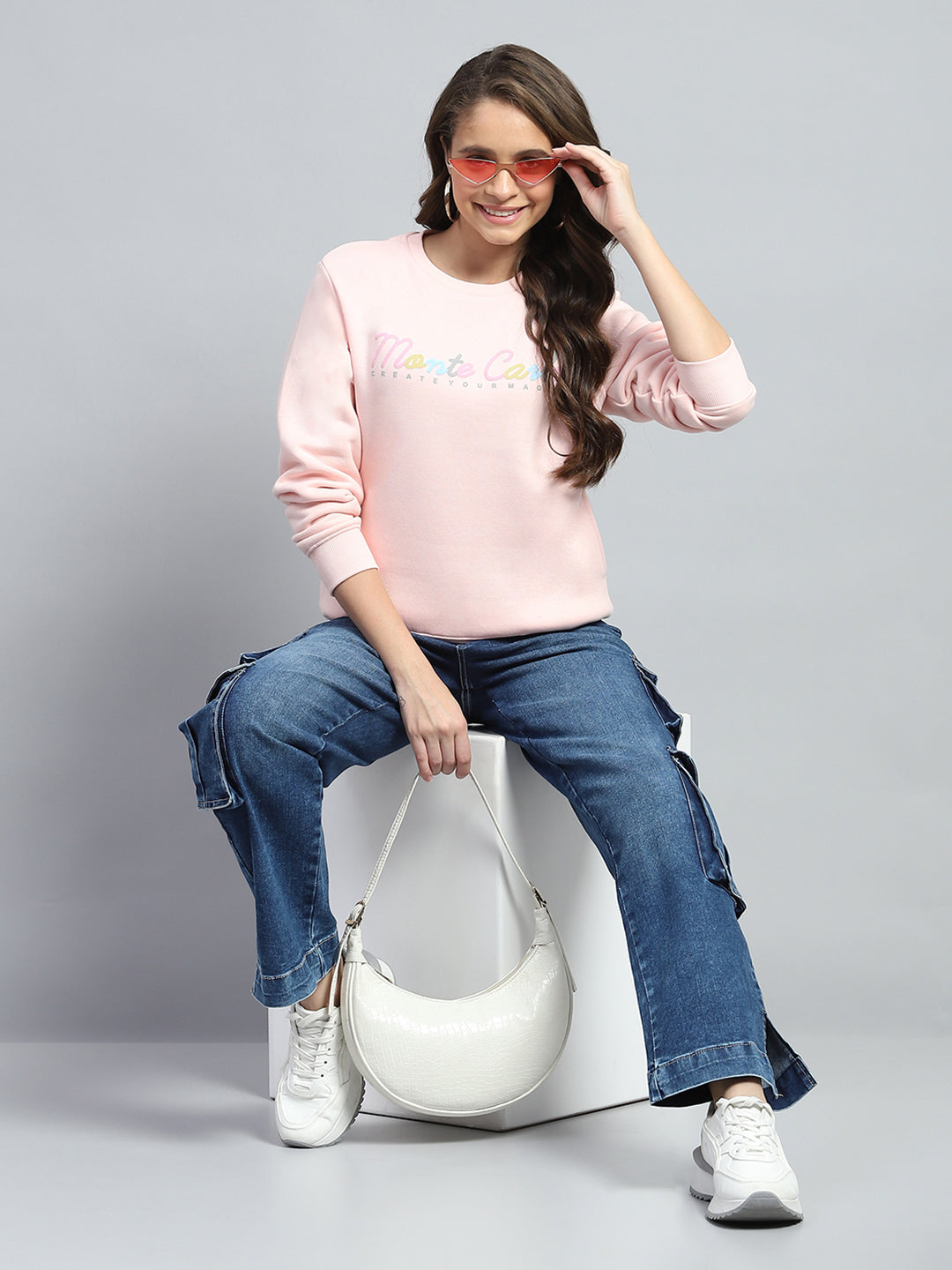 Women Pink Printed Round Neck Full Sleeve Sweatshirt