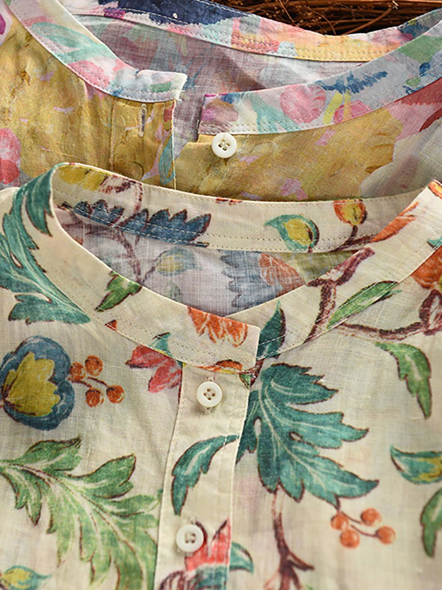 Women Summer Artsy Flower Turn-down Collar 100%Raime Shirt