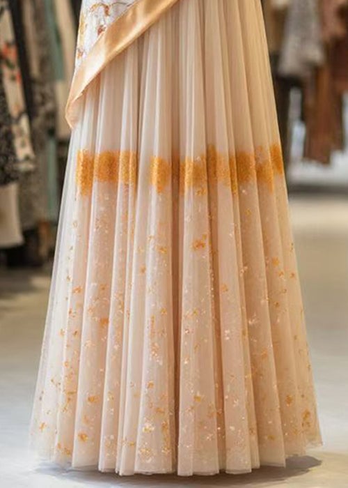 Classy Orange Print Wrinkled Patchwork False Two Pieces Tulle Skirt Summer