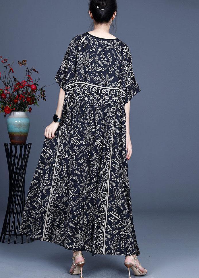 Women Black O-Neck Vintage Summer Silk Blended Maxi Dresses