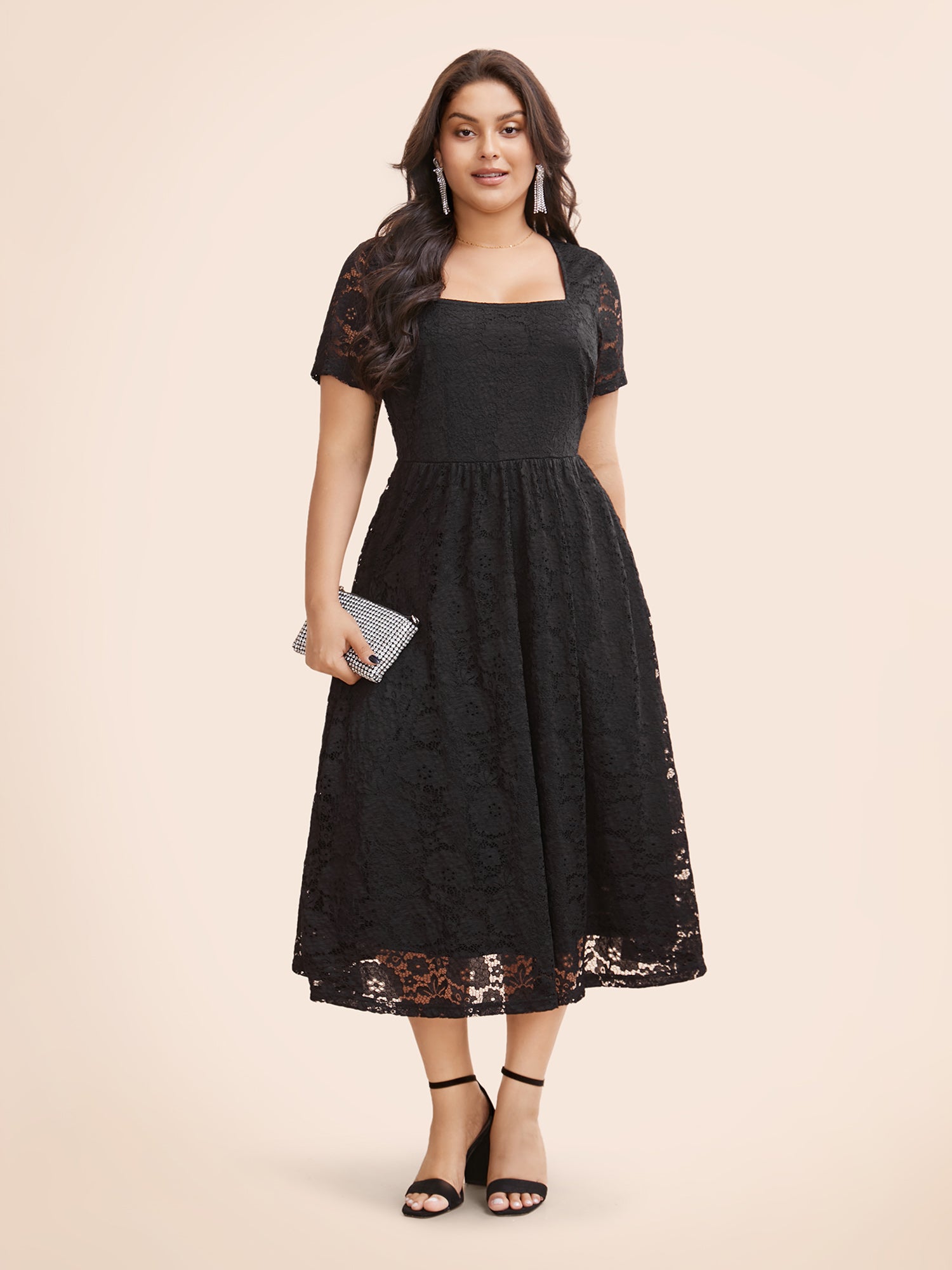 Square Neck Lace Mesh Midi Dress