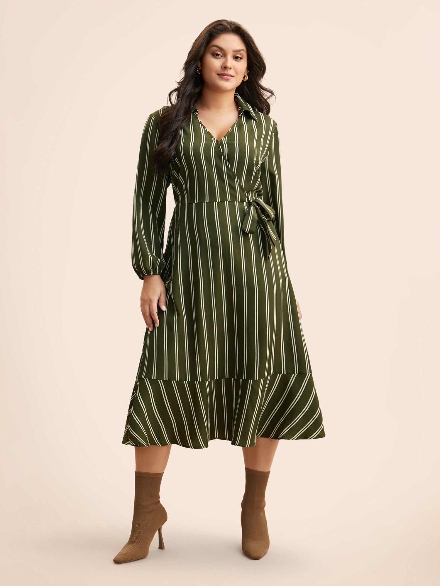 Striped Tie Knot Lantern Sleeve Dress