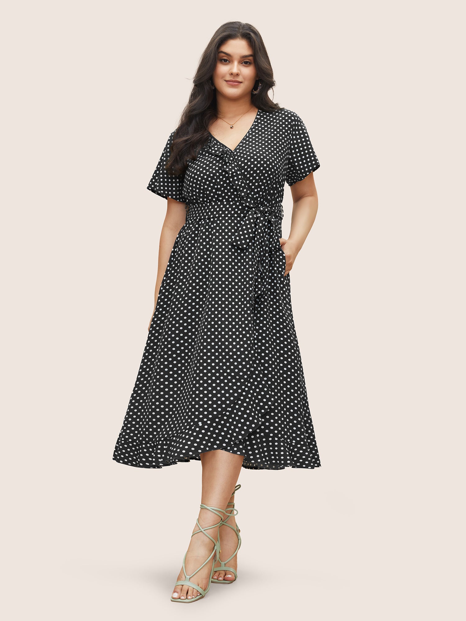 Polka Dot Flutter Trim Belted Overlap Collar Dress