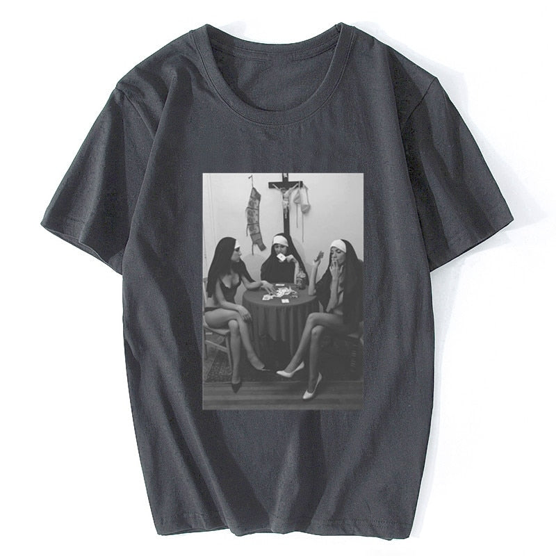 Nuns Naked Playing Cards Smoking Tee