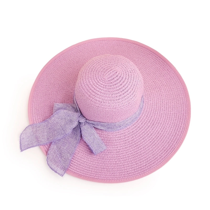 Fashion Solid Color Big Eaves Sunshadebowknot Straw Hat