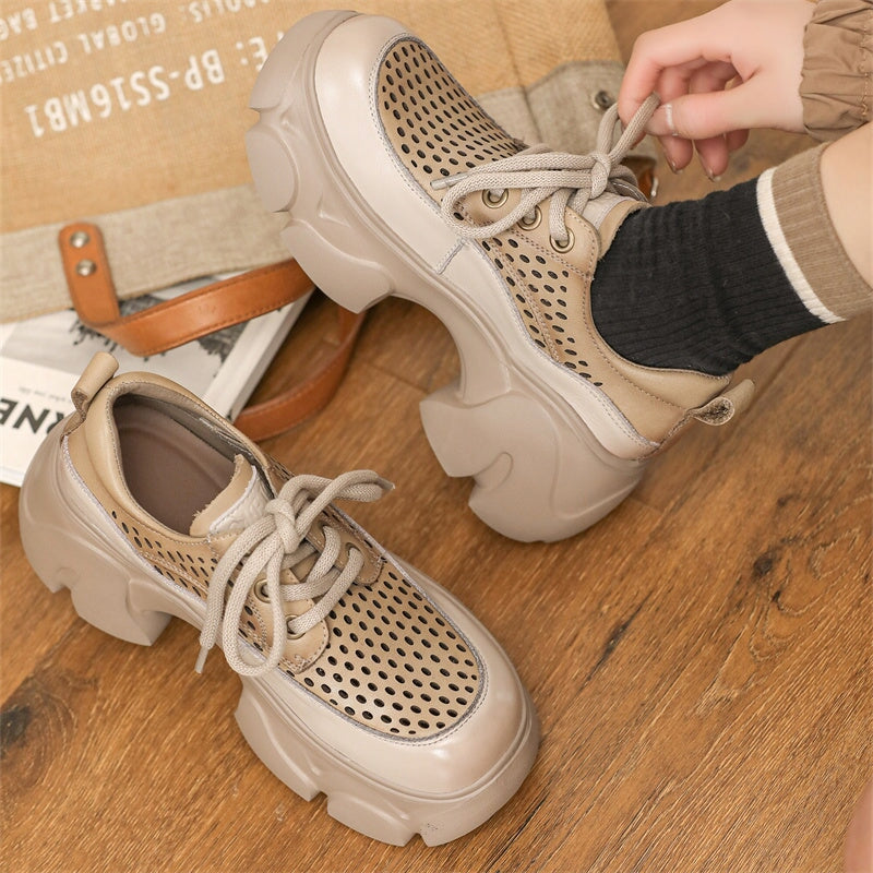 Womens Handmade Leather Platform Oxfords For Summer Perforated Design in Beige/Khaki/Black