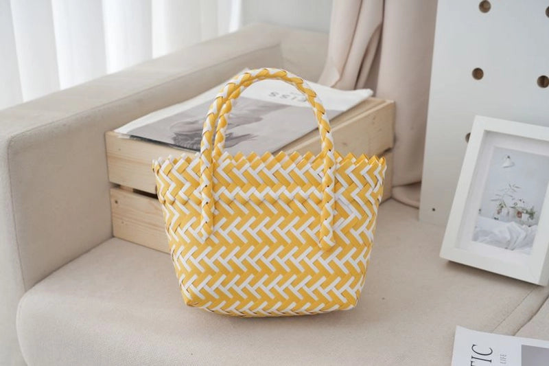 Women's Small PVC Stripe Bow Knot Cute Weave Square Open Handbag