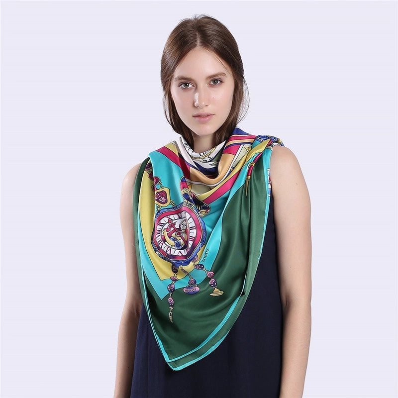 New Fashion Silk Scarf Twill Imitation Silk 130cm Big Square Scarf Roman Clock Printing Shawl Scarf
