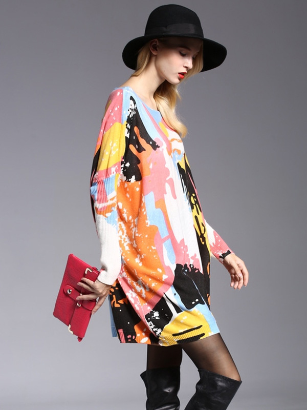Vintage Wool Blend Contrast Color Printed Sweater
