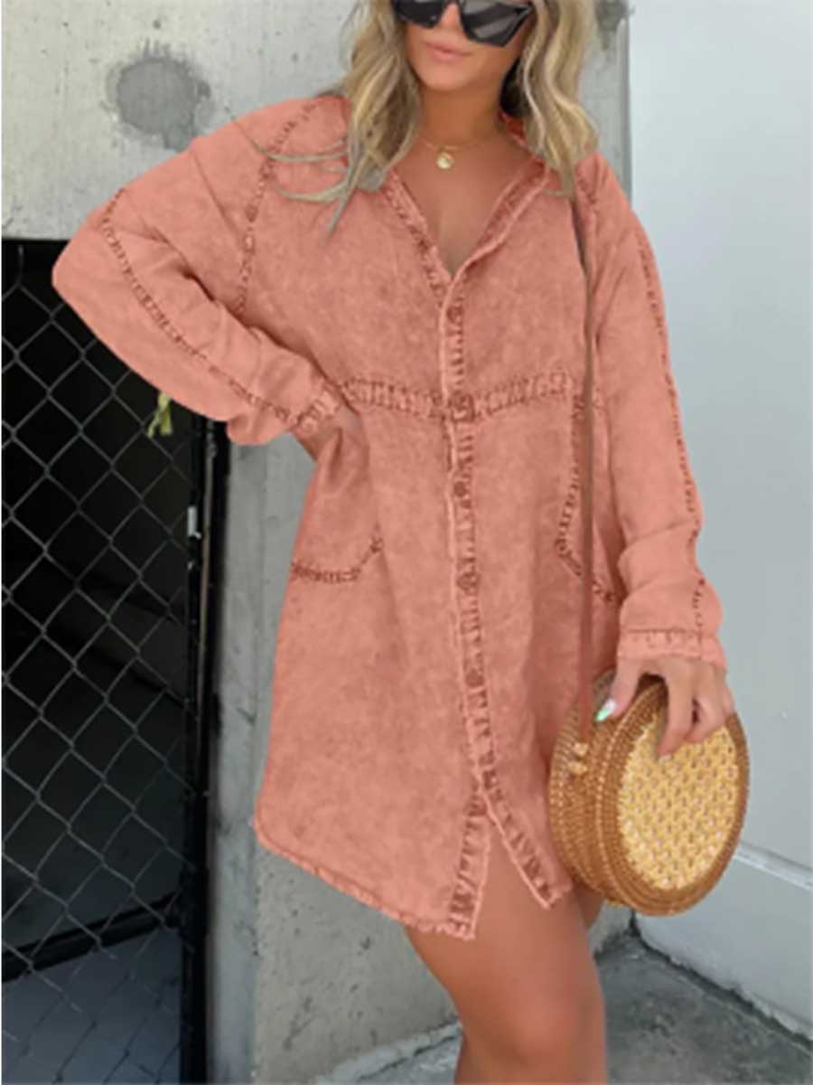 V-neck Washed Loose Shirt Denim Skirt