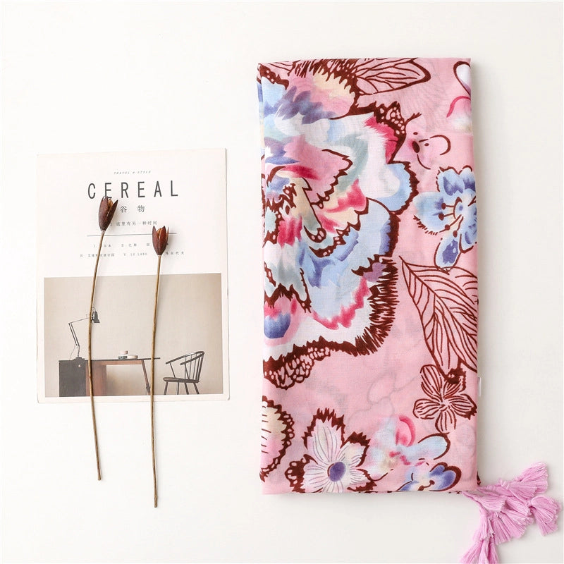 Pink Tropical Plants Flowers Flowers Cotton And Linen Braided Shawl Silk Scarf Ladies