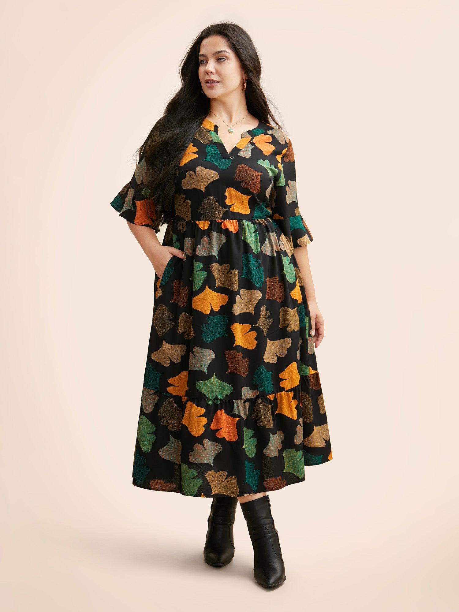 Floral Print Notched Ruffle Sleeve Dress