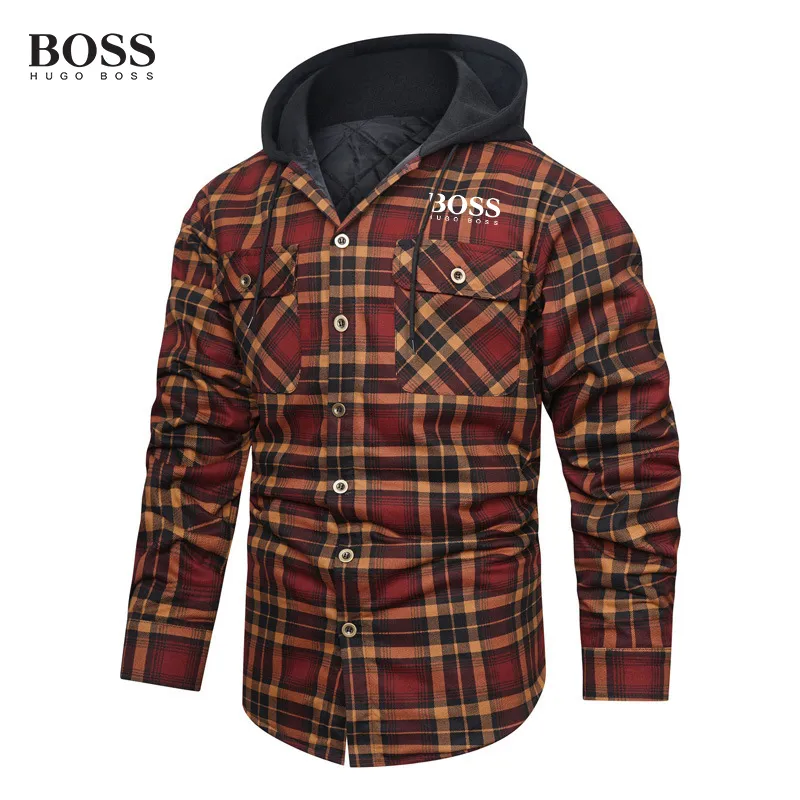 BOSS Thick Plaid Long Sleeve Loose Hooded Sweathershirt Men