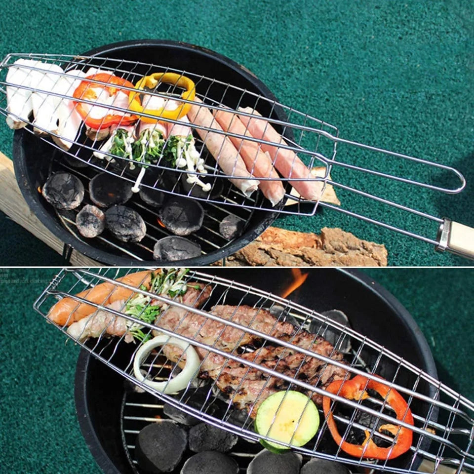 BARBEQUE FISH GRILL WITH WOODEN HANDLE