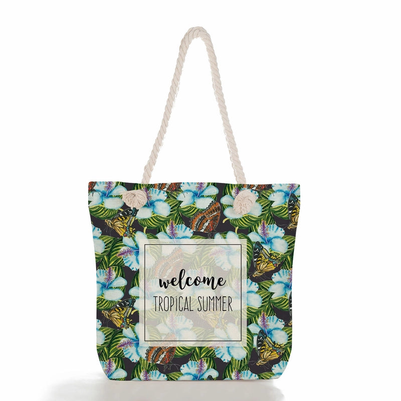 Green Leaf Printed Cotton Rope Bag Large Capacity Shoulder Bag Student Book Tote Bag Printable Logo