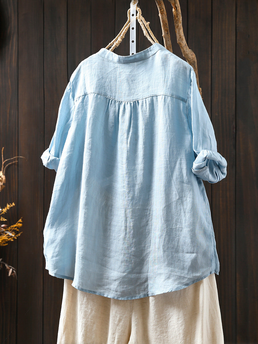Women Summer Pure Color Stand Collar 100%Ramie Shirt