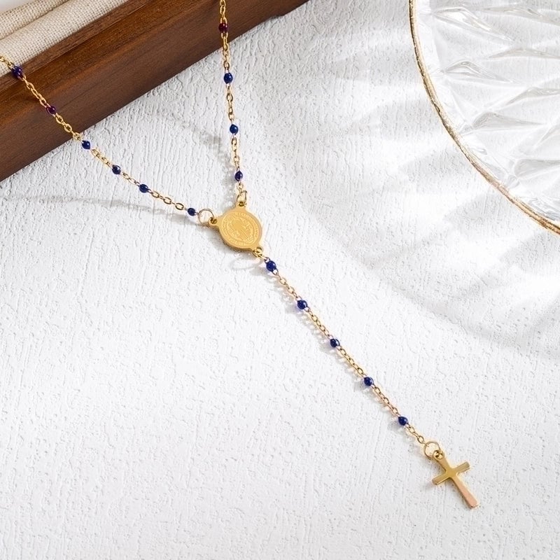 3 Pieces Elegant Classical Cross Virgin Mary Priest Stainless Steel Beaded Plating 18k Gold Plated Necklace