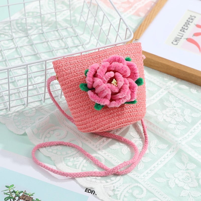 Women's Small Straw Solid Color Flower Vacation Beach Weave Round Zipper Straw Bag