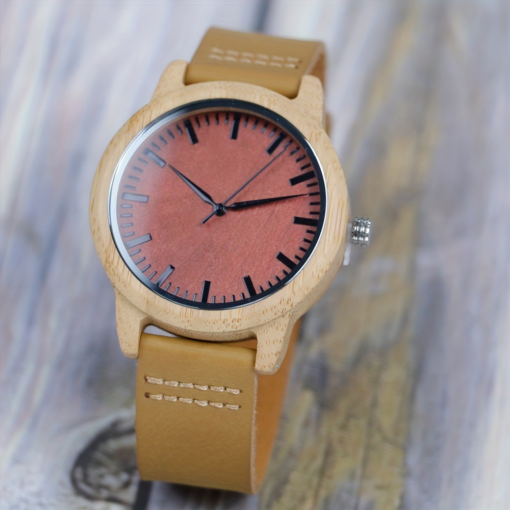 Carbonized Bamboo Men's Calf Belt Red Dial Wrist Watch Men's Accessories