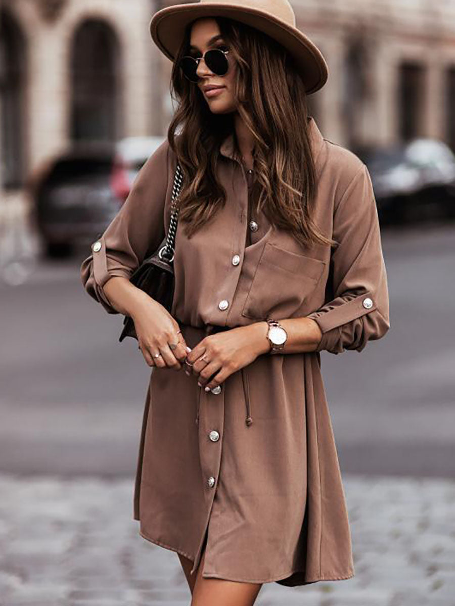 Waist Tie Button Pull Sleeve Dress