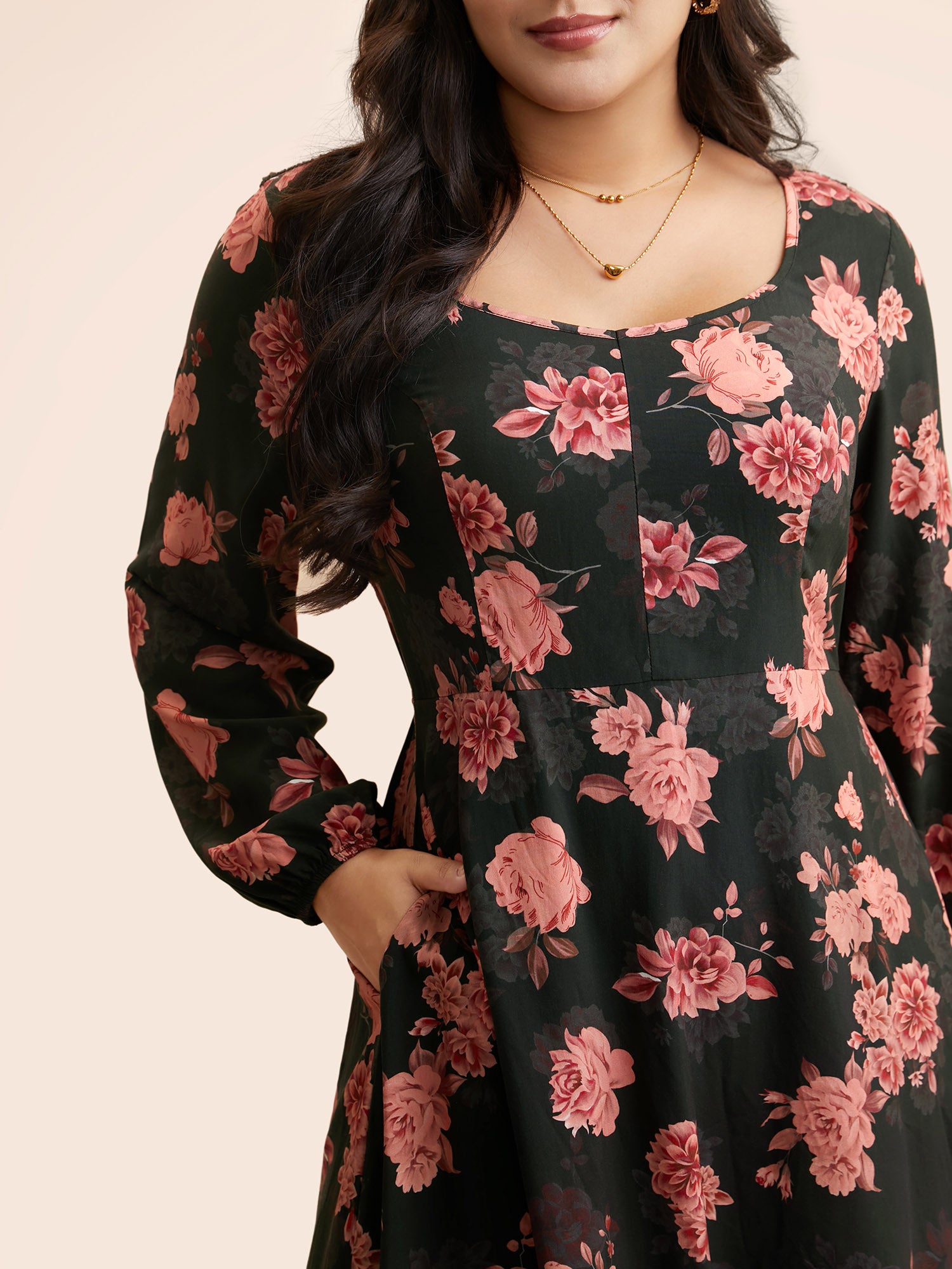 Floral Lantern Sleeve Shirred Pocket Dress