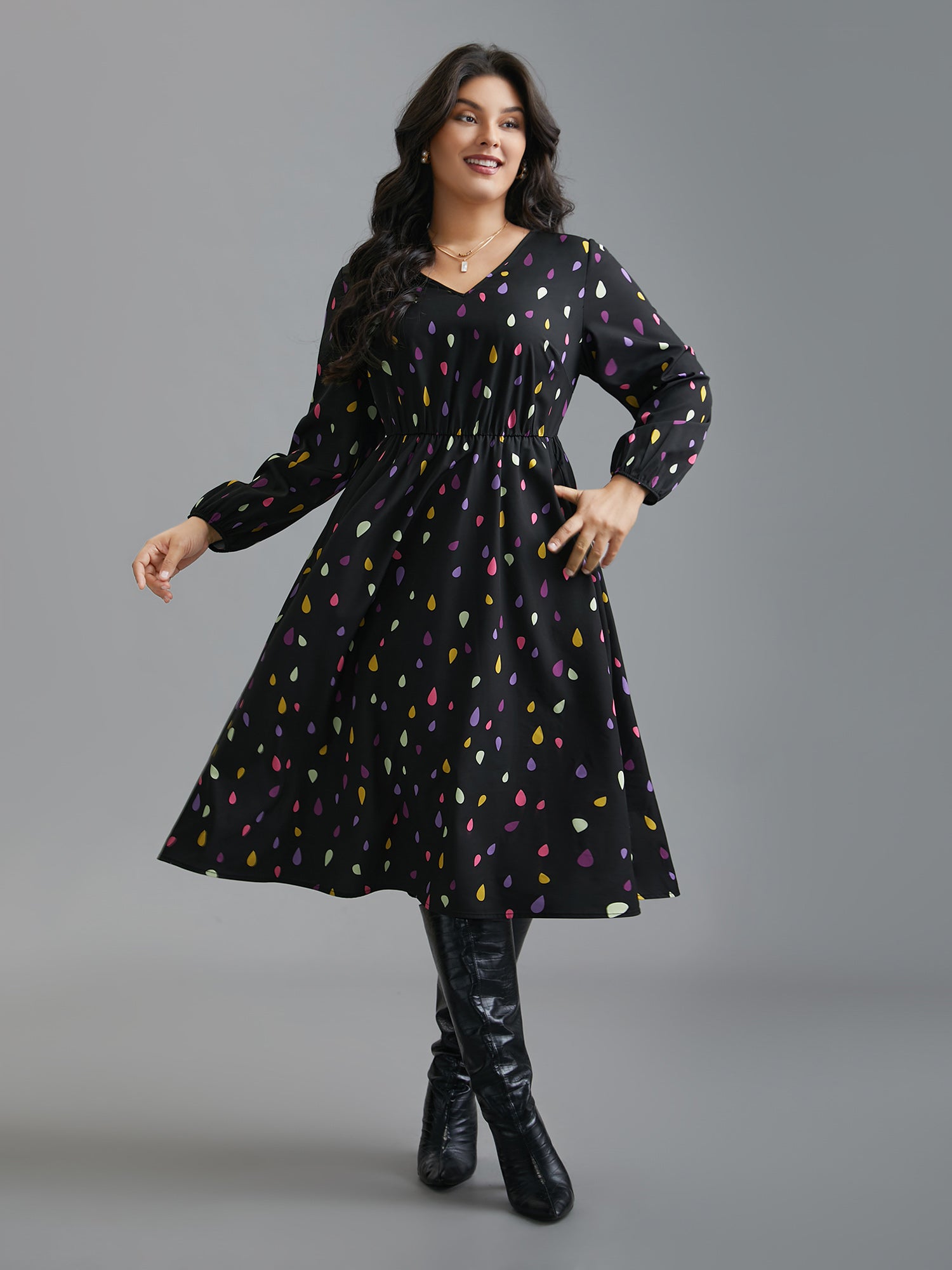 V Neck Color Contrast Lantern Sleeve Dress