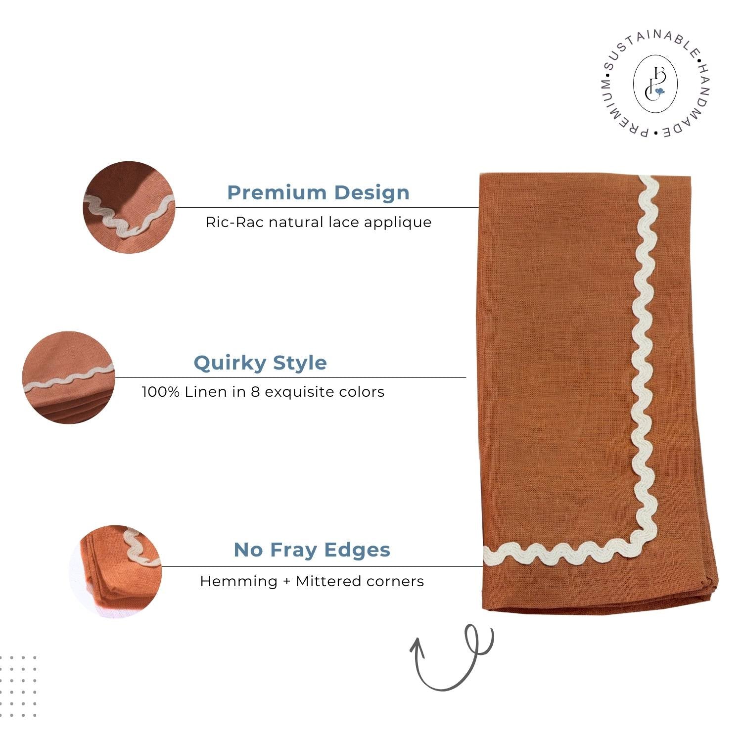 Rust Rick Rack Lace 100% Linen Napkins