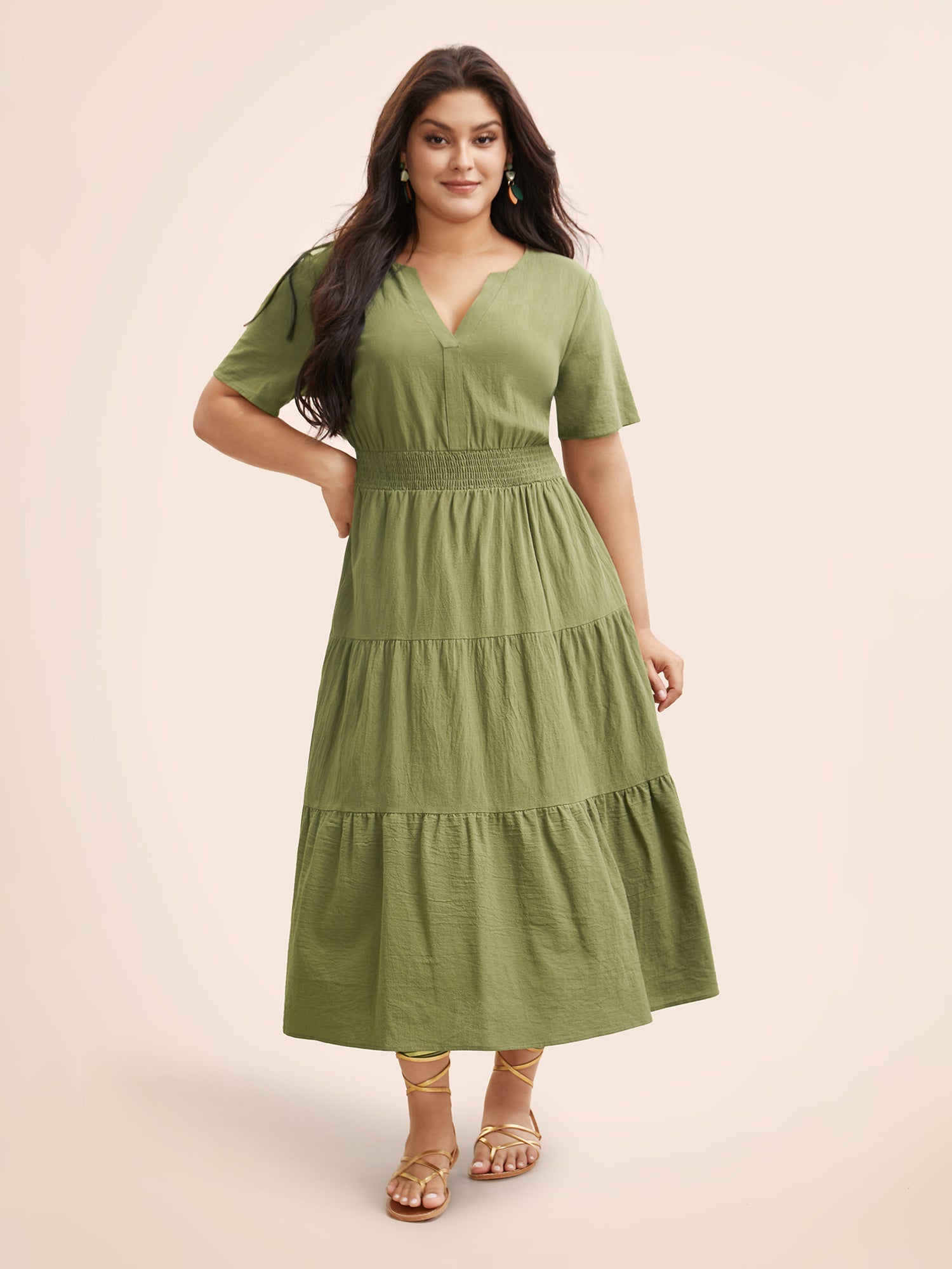 Notched Shirred Ruffle Layered Hem Dress