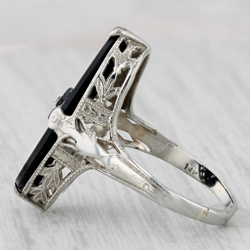 Vintage Onyx Diamond Filigree Ring 14k White Gold Size 5.25