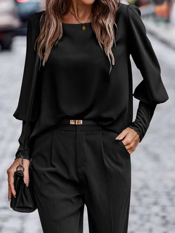 Long Sleeves Loose Buttoned Pleated Solid Color Round-Neck Blouses&Shirts Tops